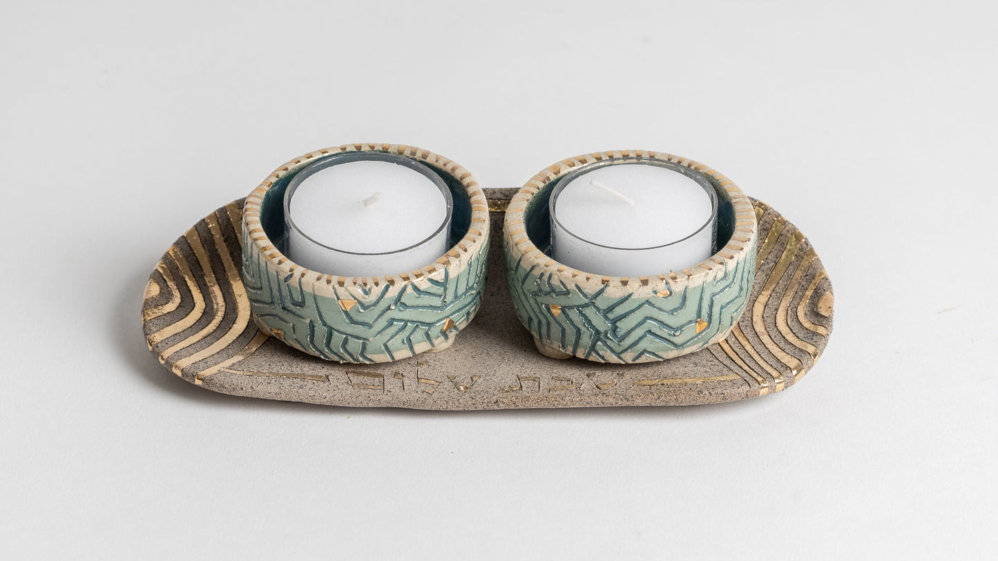 turquoise geo Shabbat candlestick and dish
