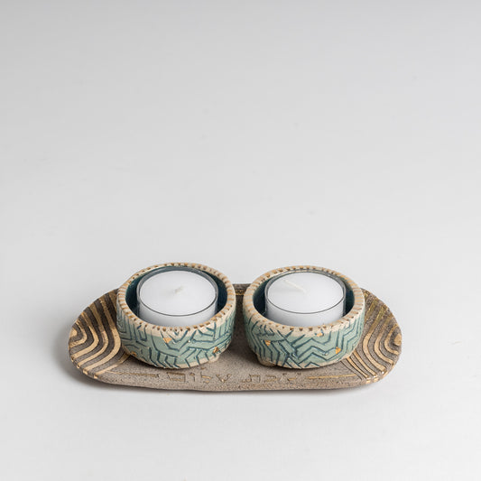 turquoise geo Shabbat candlestick and dish